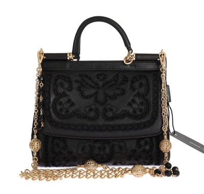 MISS SICILY Satchel Black Leather Floral Ricamo Handbag