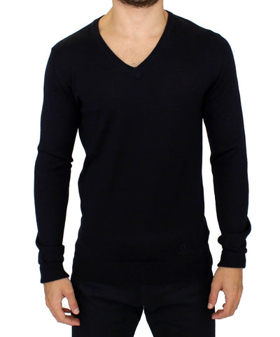 Blue Wool Blend Mens V-neck Sweater