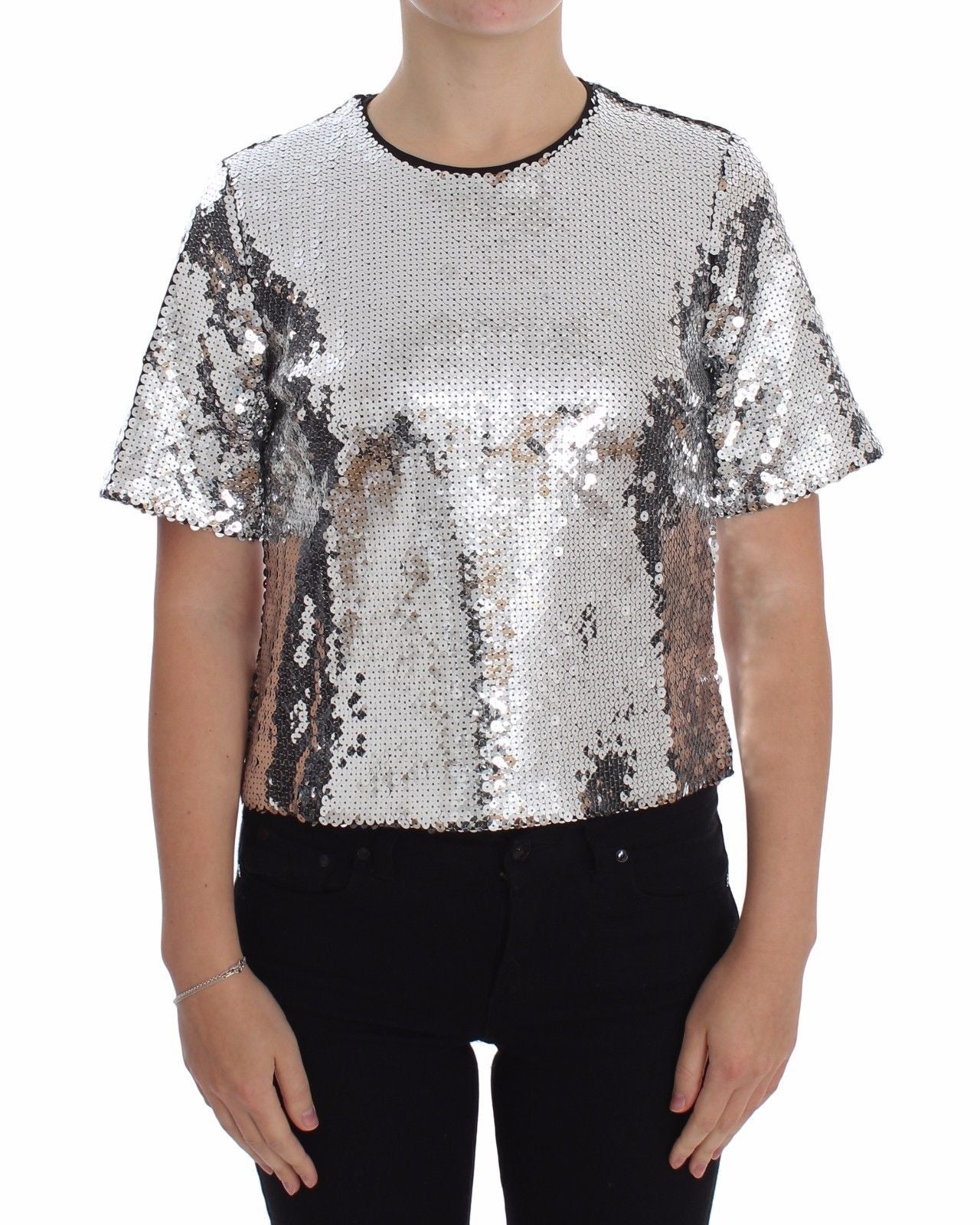 Blouse T-shirt Top Silver Sequined Crewneck