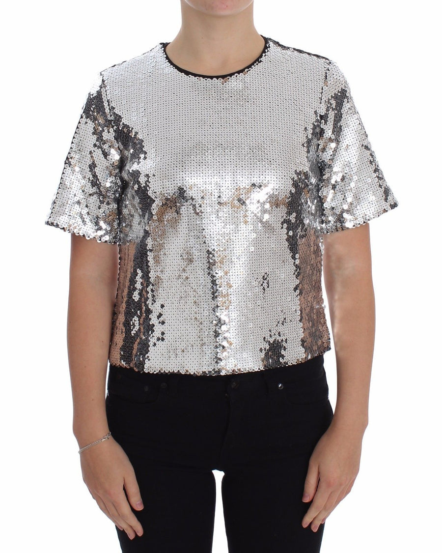 Blouse T-shirt Top Silver Sequined Crewneck