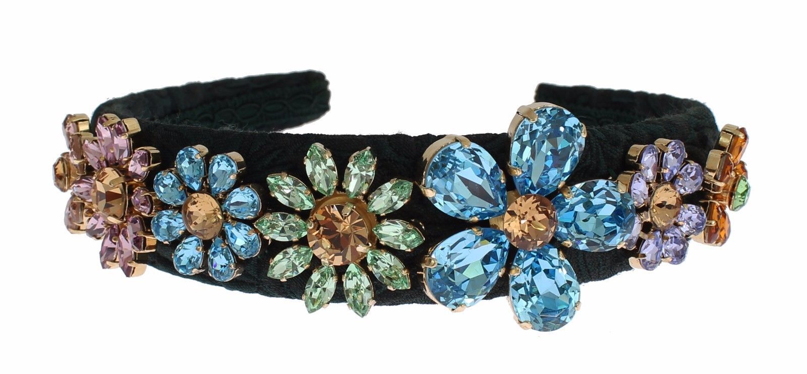 Green Brocade Gold Crystal Floral Headband Hair Diadem