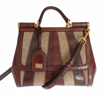 Purse SICILY Satchel Brown Beige Leather Snakeskin Handbag