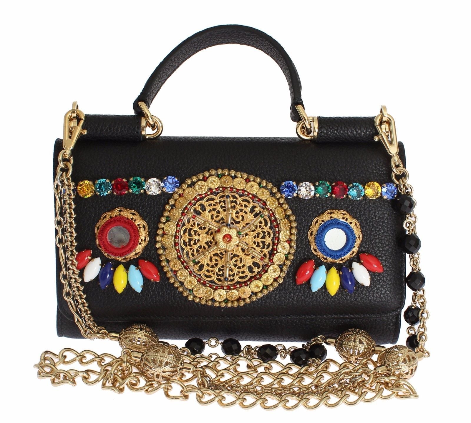 Purse VON Black Leather Crystal Carretto POM POM
