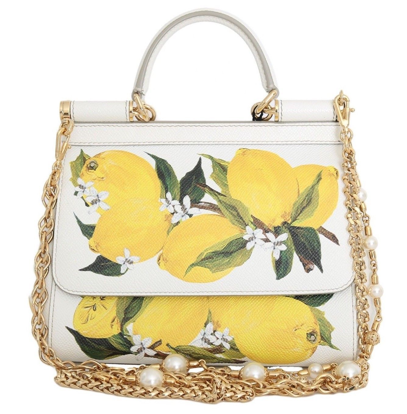 MISS SICILY Satchel White Lemon Print Leather Handbag