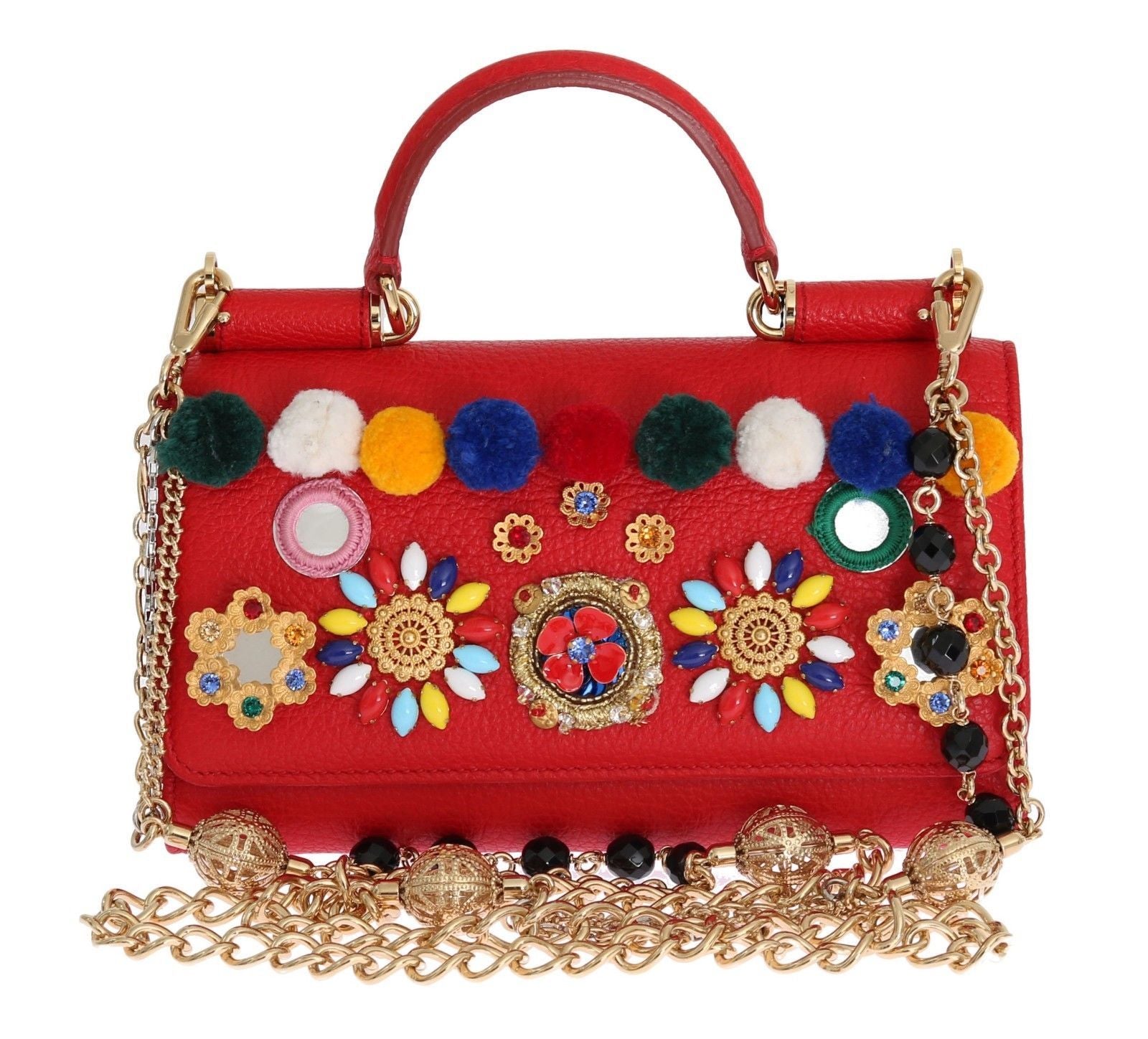 Purse VON Red Leather Crystal Carretto POM POM