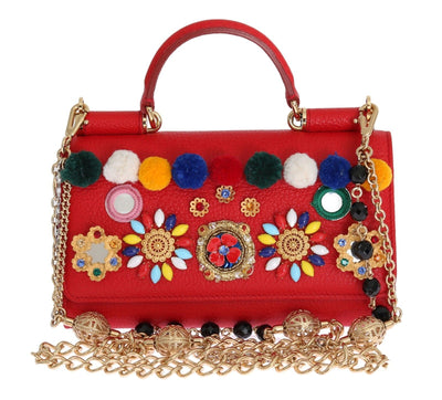 Purse VON Red Leather Crystal Carretto POM POM