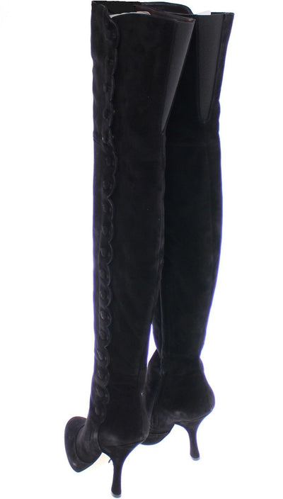 Black Suede Leather Over Knee Boots