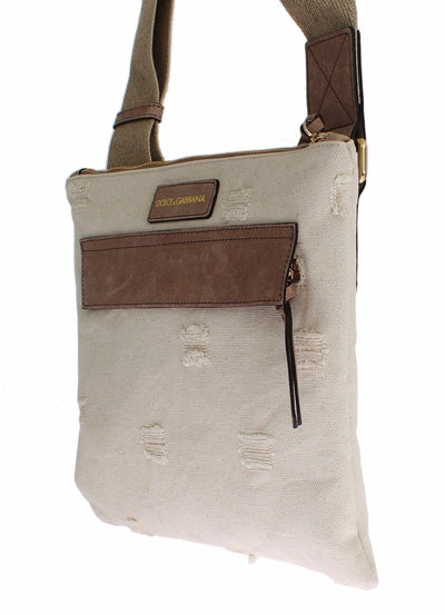 Beige Canvas Leather Crossbody Shoulder Bag