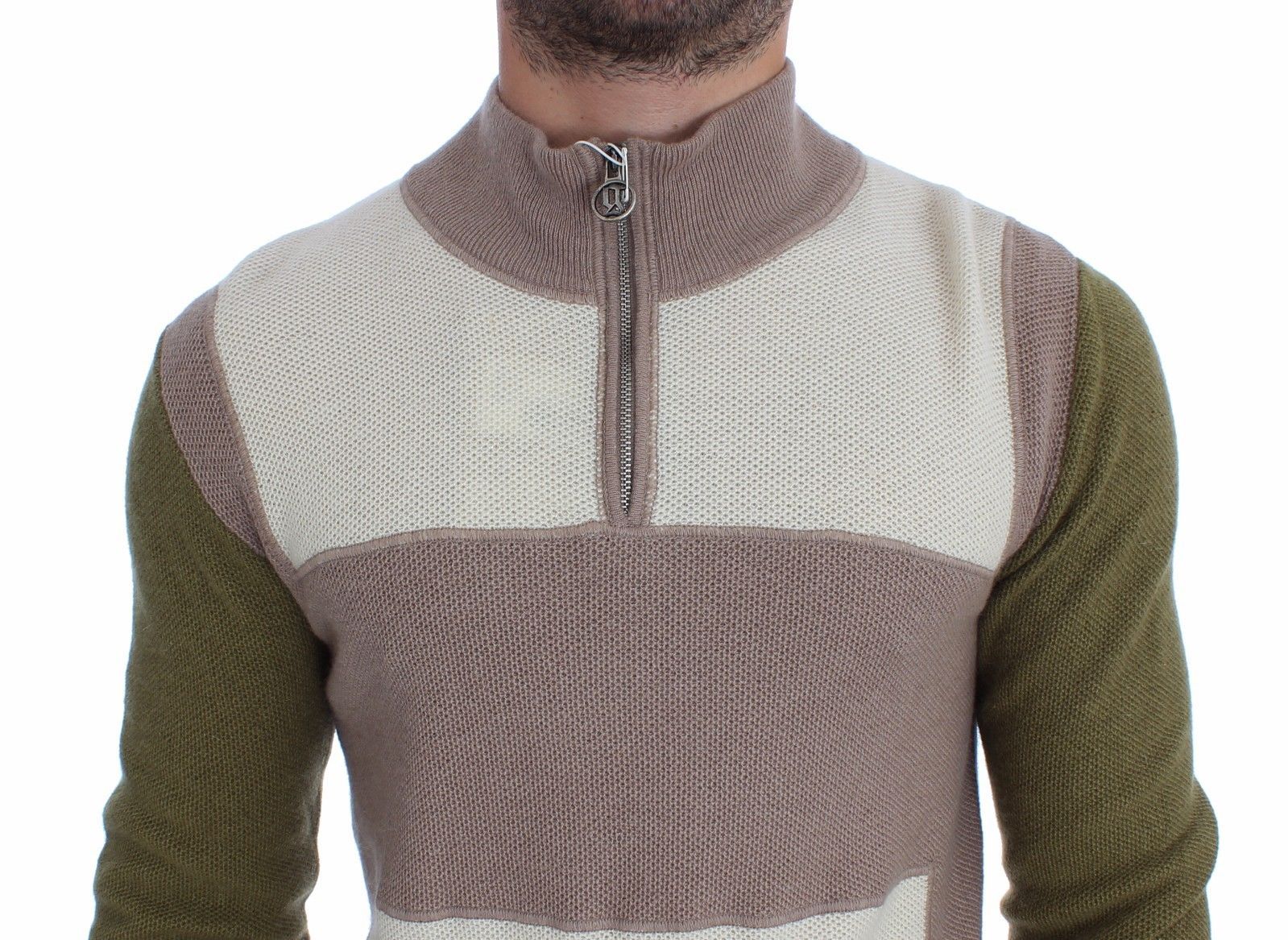 Beige Green Wool Blend Zipper Cardigan Sweater