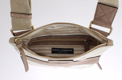 Beige Canvas Leather Crossbody Shoulder Bag