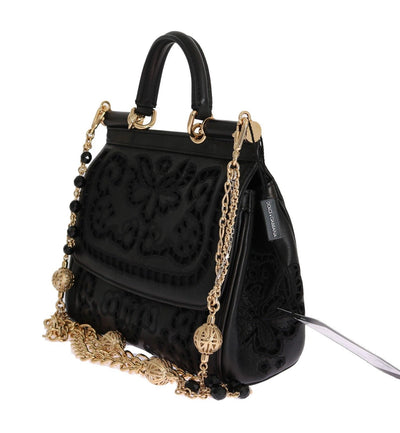 MISS SICILY Satchel Black Leather Floral Ricamo Handbag