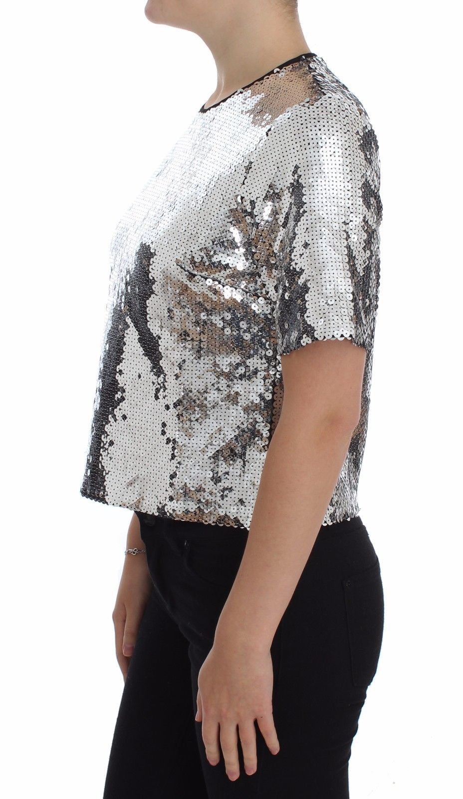 Blouse T-shirt Top Silver Sequined Crewneck