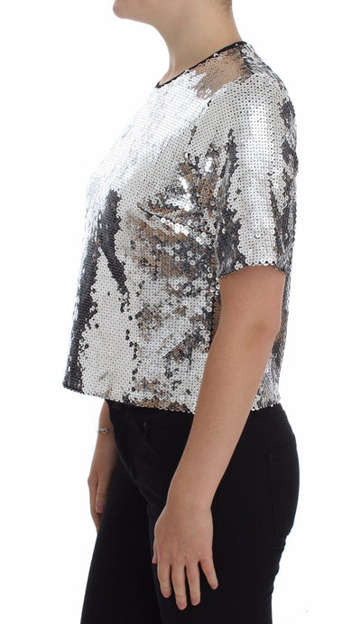 Blouse T-shirt Top Silver Sequined Crewneck