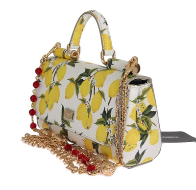 Purse SICILY Satchel White Lemon Print Leather Shoulder Clutch
