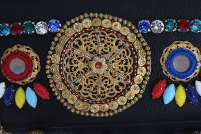 Purse VON Black Leather Crystal Carretto POM POM