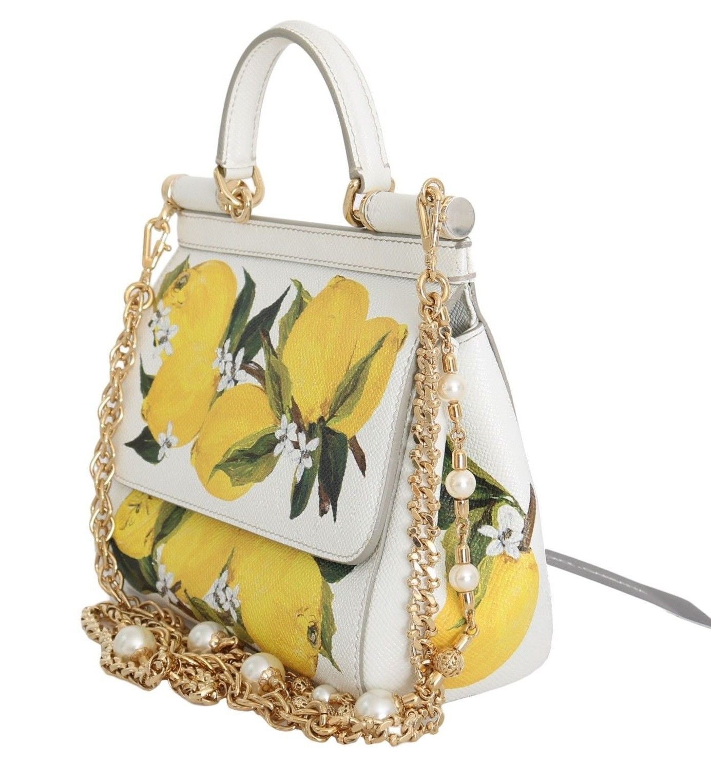 MISS SICILY Satchel White Lemon Print Leather Handbag