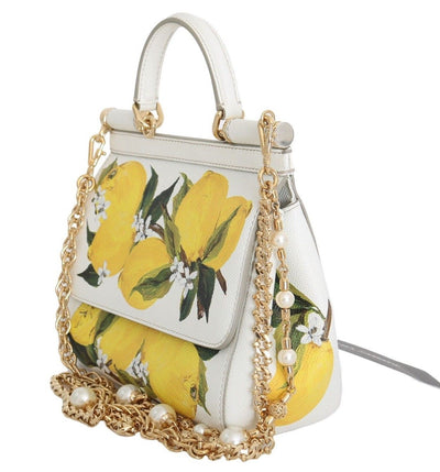 MISS SICILY Satchel White Lemon Print Leather Handbag