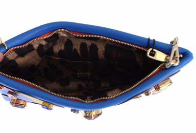 Blue Leather Multicolor Heart Crystal Clutch