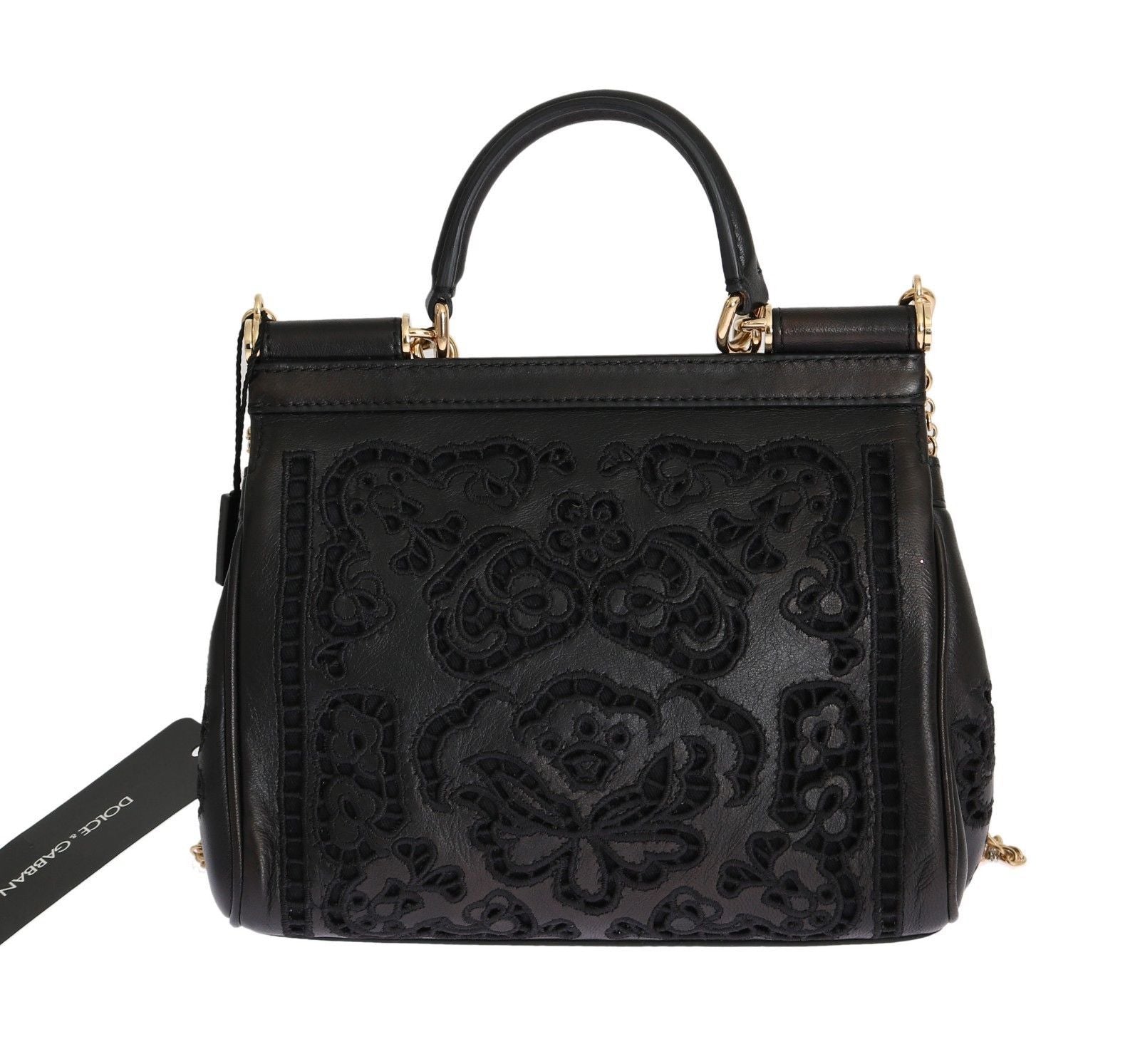 MISS SICILY Satchel Black Leather Floral Ricamo Handbag