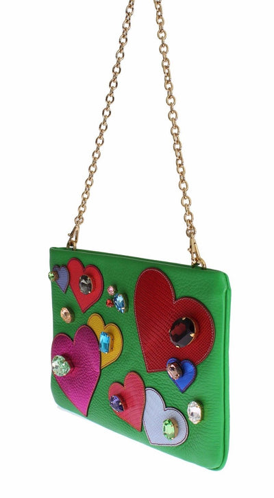 Purse Green Leather Heart Crystal Clutch