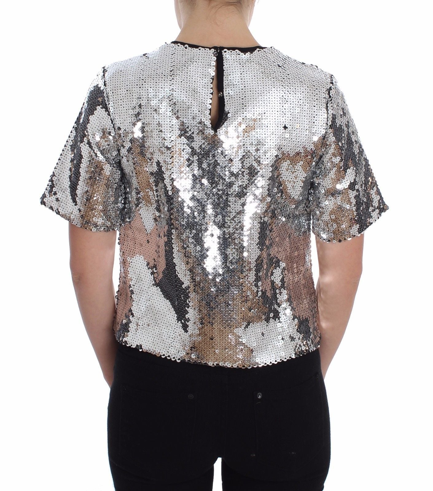 Blouse T-shirt Top Silver Sequined Crewneck
