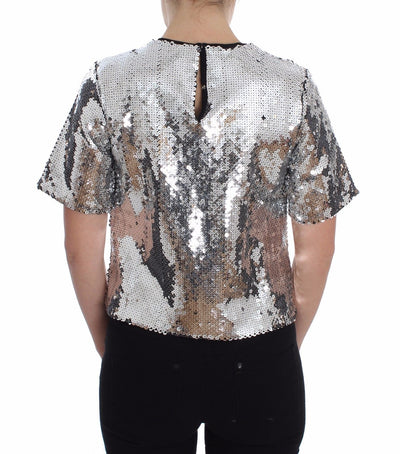 Blouse T-shirt Top Silver Sequined Crewneck