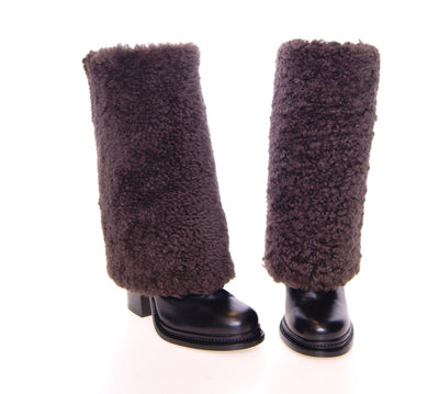 Brown Black Leather Shearling Boots Shoes