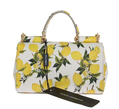 Purse SICILY Satchel White Lemon Print Leather Shoulder Clutch
