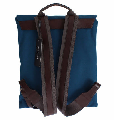 Blue Canvas Brown Leather Backpack Travel Bag
