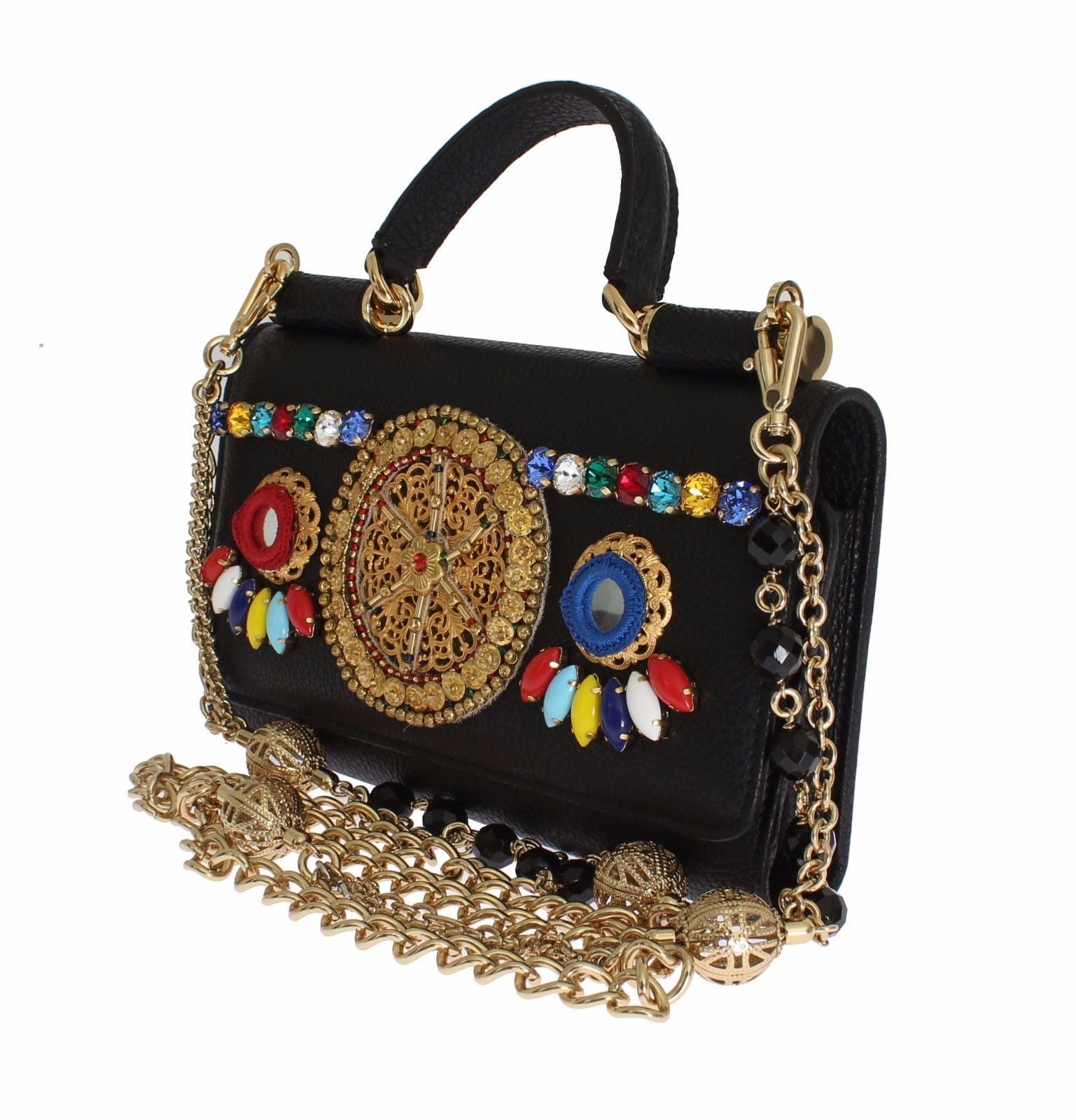 Purse VON Black Leather Crystal Carretto POM POM