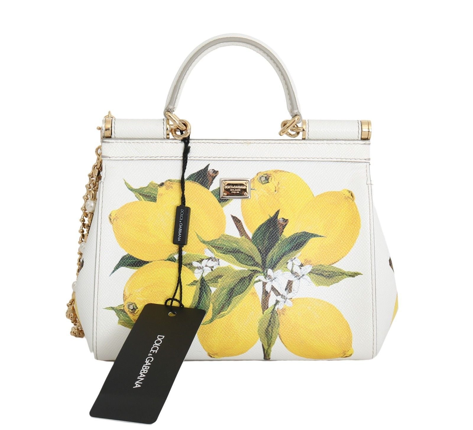 MISS SICILY Satchel White Lemon Print Leather Handbag
