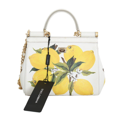 MISS SICILY Satchel White Lemon Print Leather Handbag