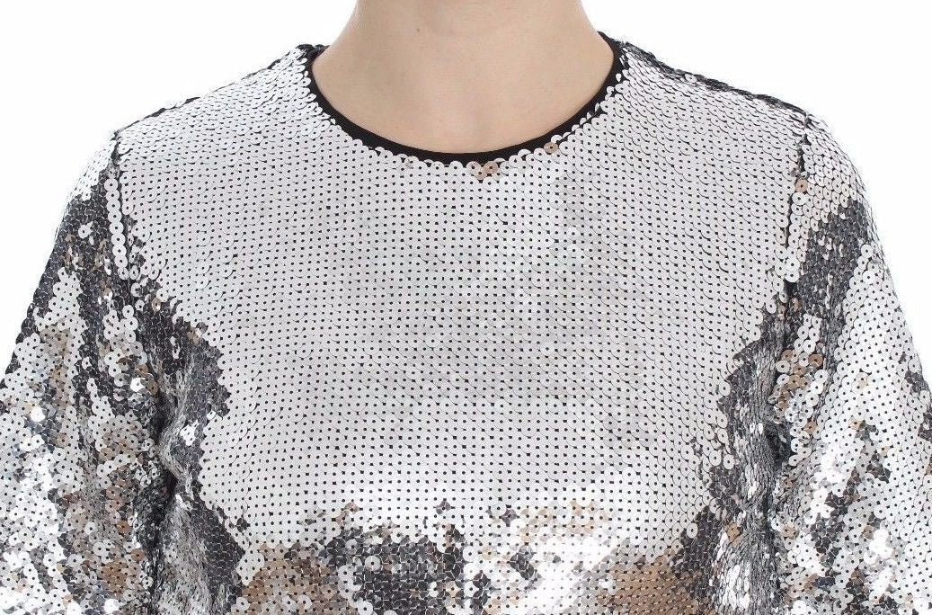 Blouse T-shirt Top Silver Sequined Crewneck