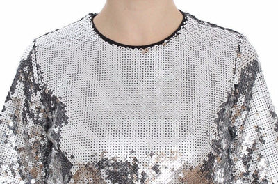 Blouse T-shirt Top Silver Sequined Crewneck