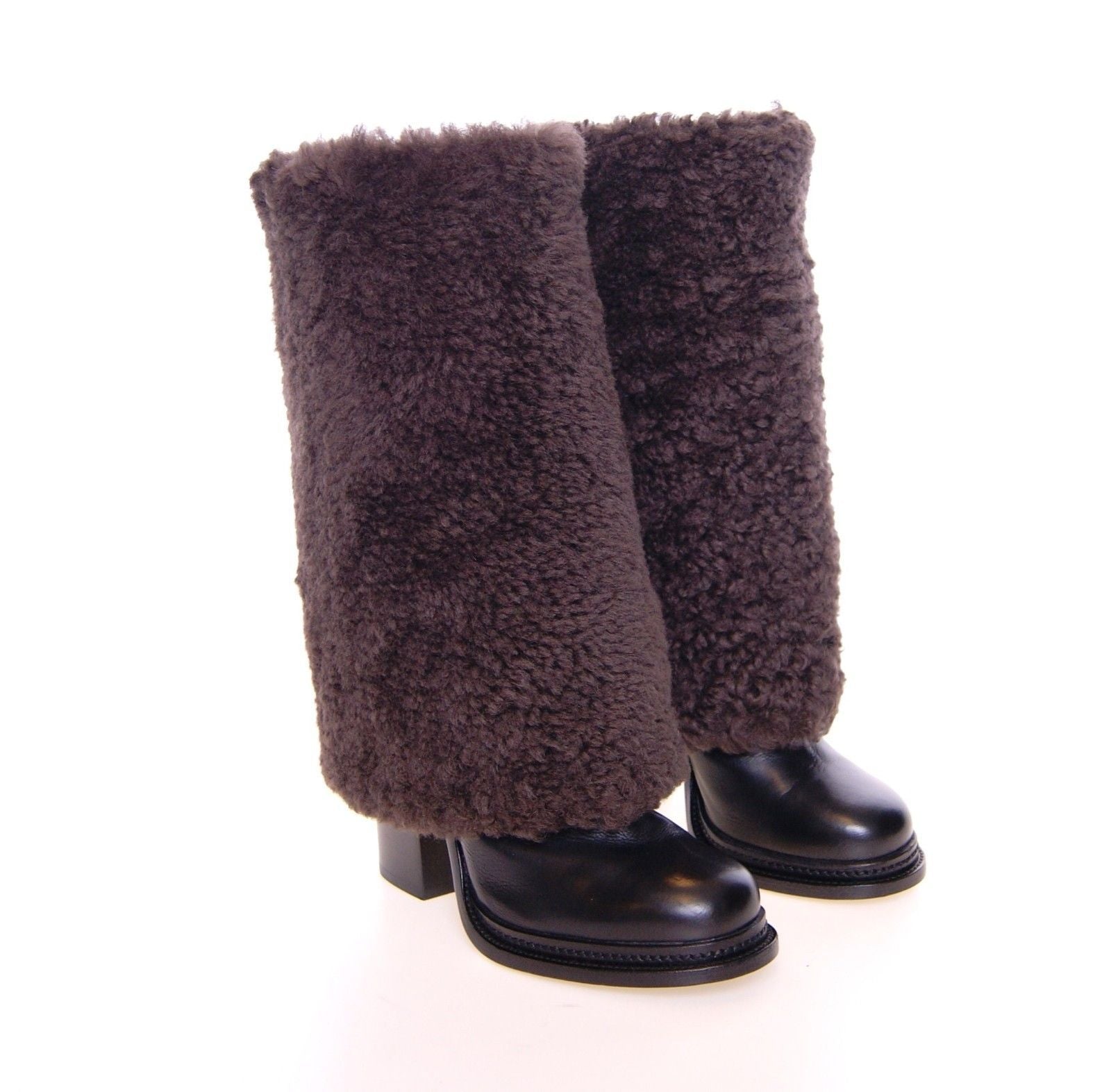 Brown Black Leather Shearling Boots Shoes
