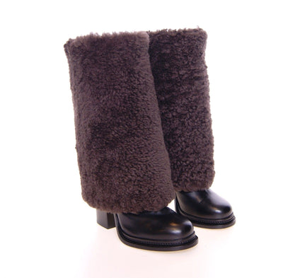 Brown Black Leather Shearling Boots Shoes