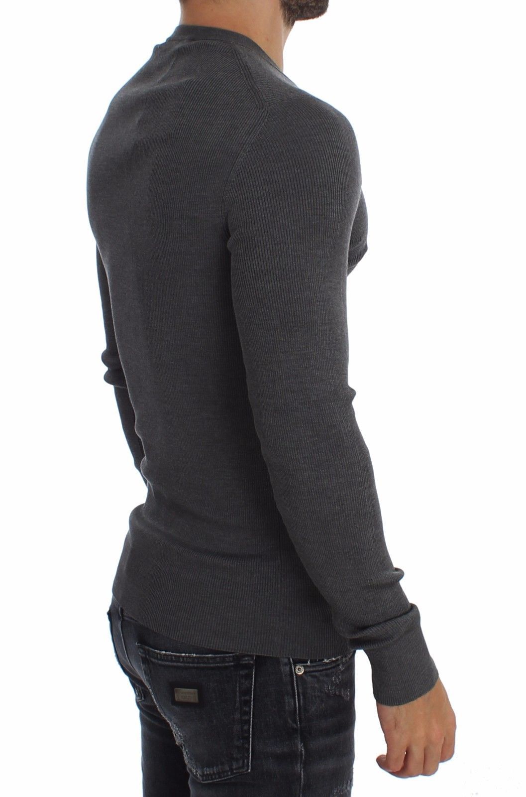 Gray Silk Henley Button Sweater