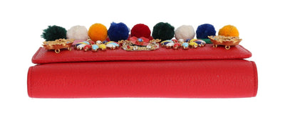 Purse VON Red Leather Crystal Carretto POM POM