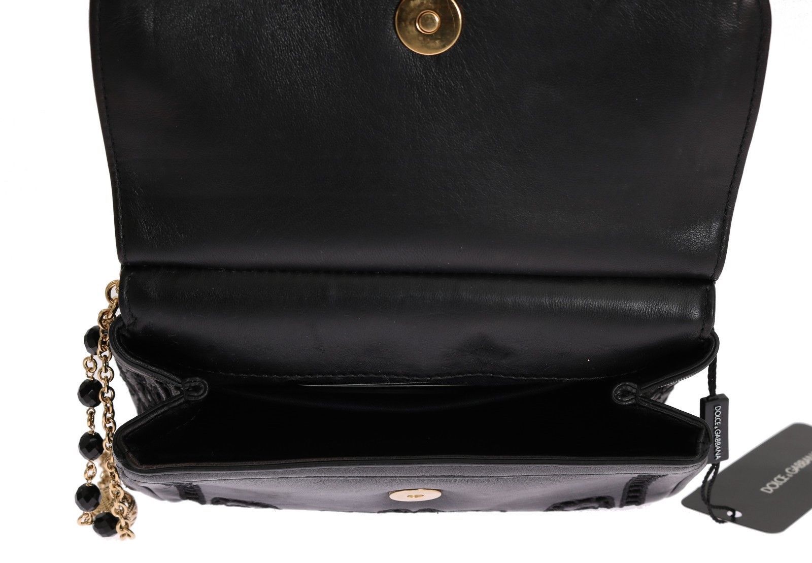 MISS SICILY Satchel Black Leather Floral Ricamo Handbag