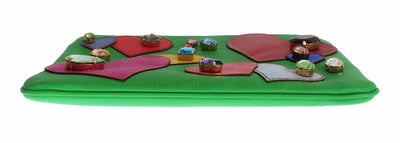 Purse Green Leather Heart Crystal Clutch