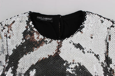 Blouse T-shirt Top Silver Sequined Crewneck