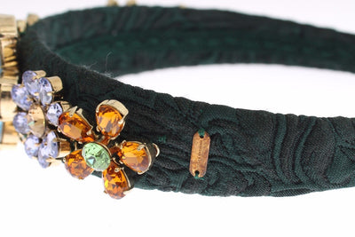 Green Brocade Gold Crystal Floral Headband Hair Diadem