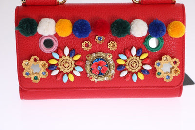 Purse VON Red Leather Crystal Carretto POM POM