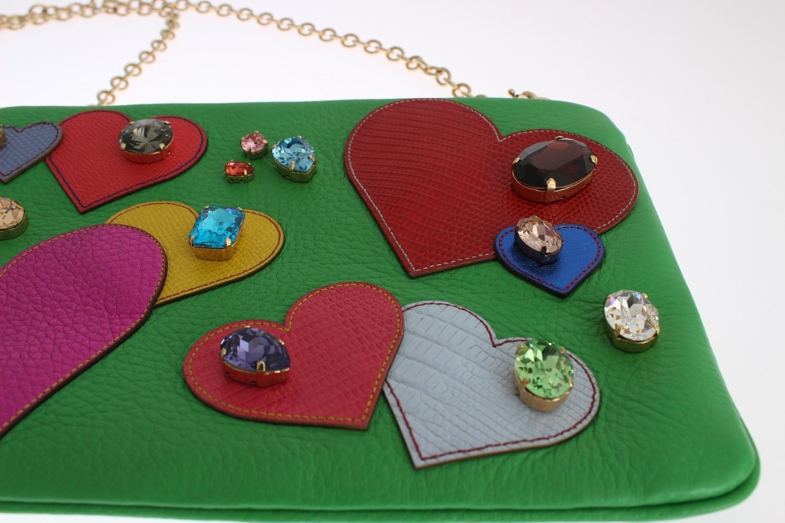 Purse Green Leather Heart Crystal Clutch