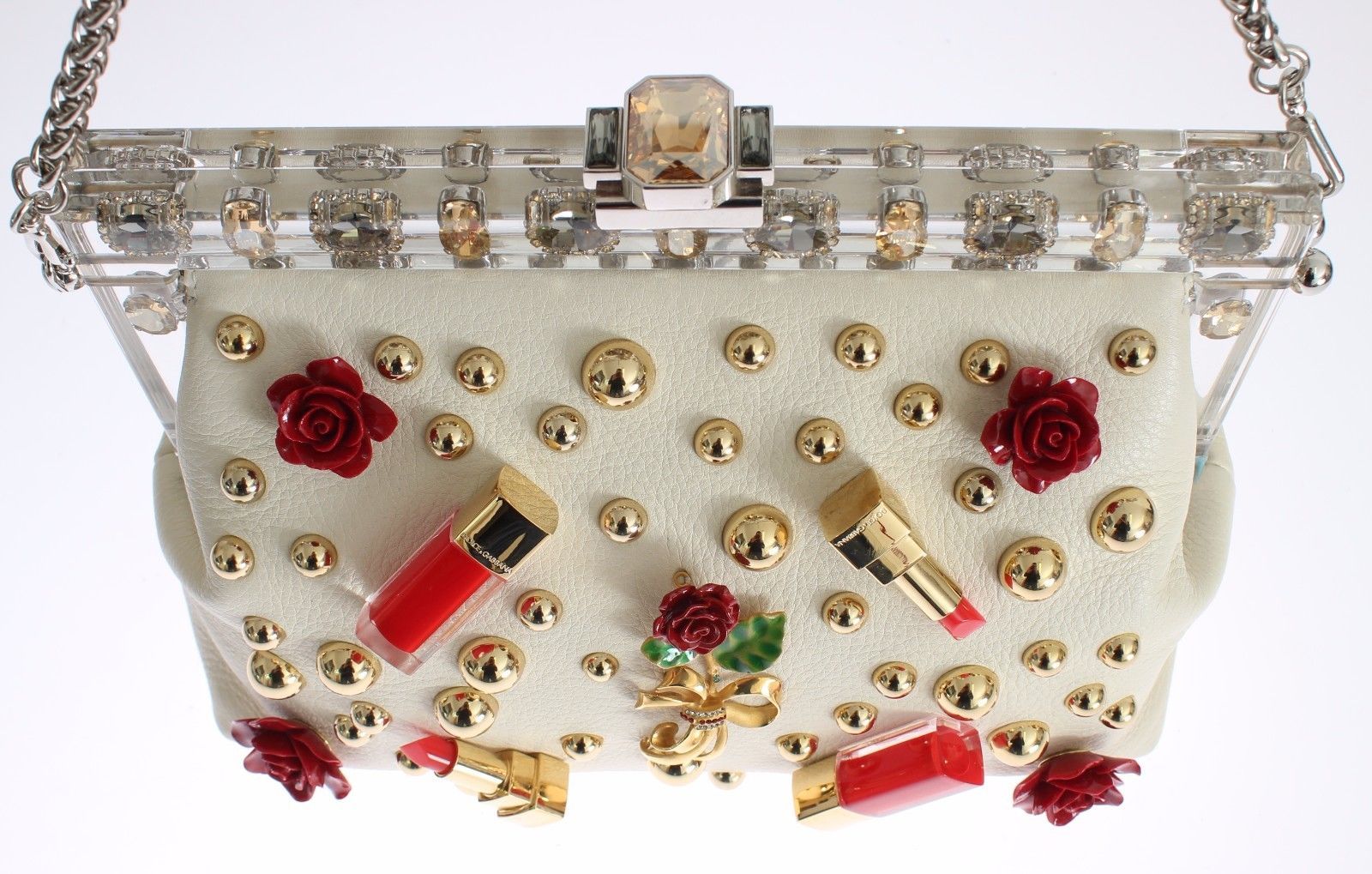 Purse VANDA Beige Leather Crystal Lipstick Roses