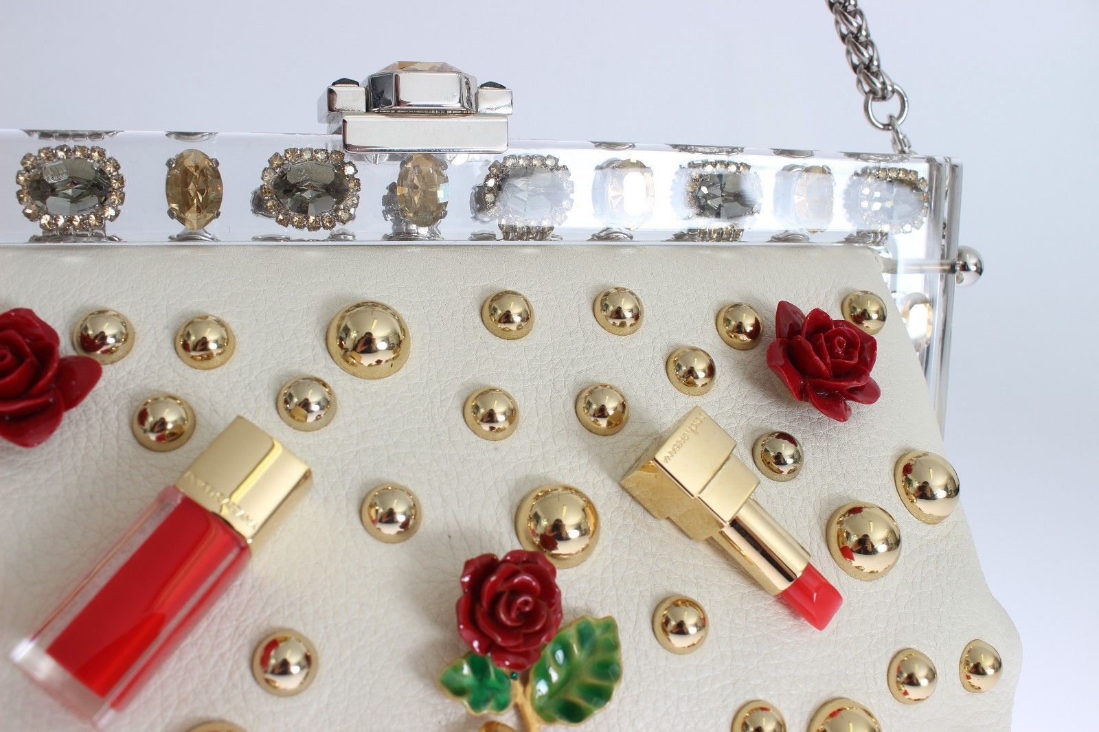 Purse VANDA Beige Leather Crystal Lipstick Roses