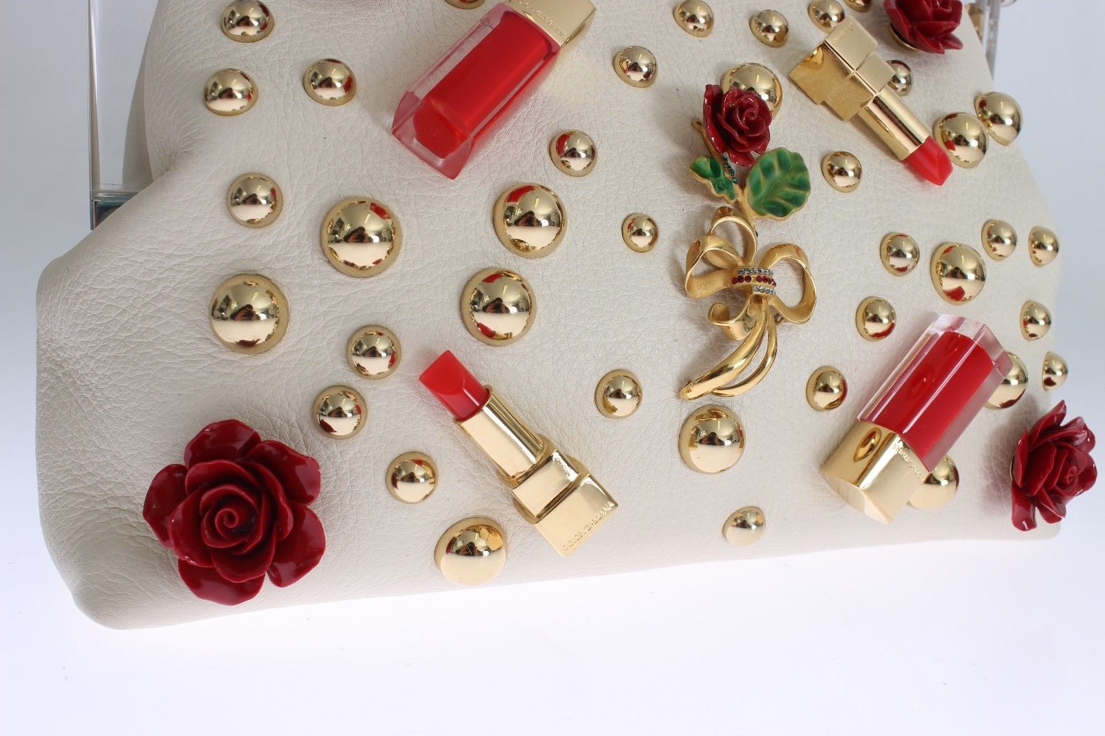 Purse VANDA Beige Leather Crystal Lipstick Roses