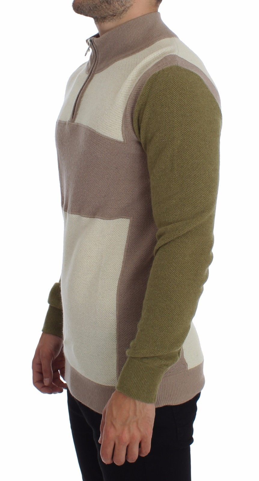 Beige Green Wool Blend Zipper Cardigan Sweater