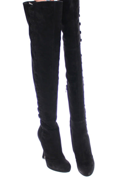 Black Suede Leather Over Knee Boots