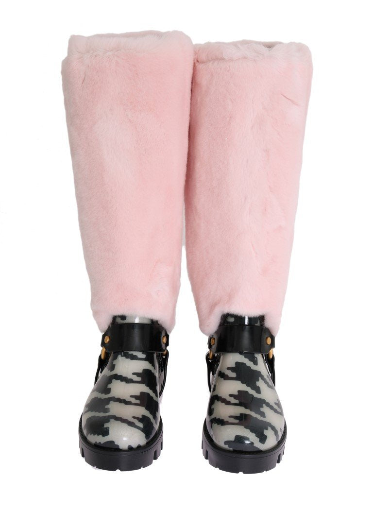 Pink Rubber Lapin Fur Rain Boots